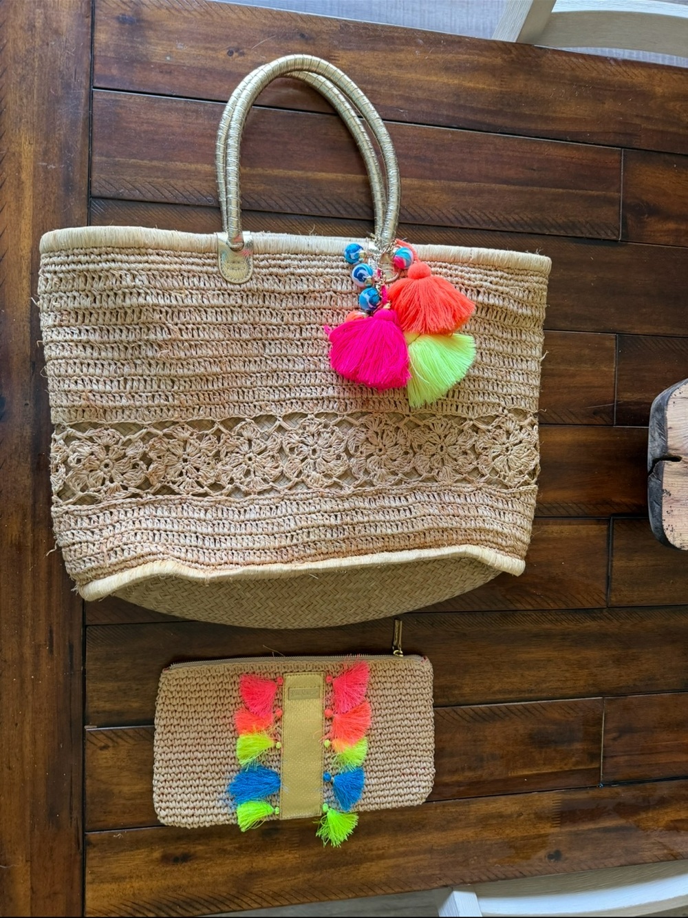 Lilly Pulitzer Beige Straw Tote and Clutch with Neon Tasselsl